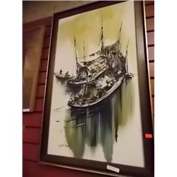 FRAMED PICTURE OF JUNK - ORIENTAL BOATS - ORIGINAL OIL