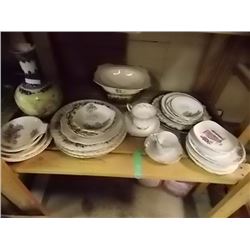 SHELF LOT ASSORTED CHINA PLATES AND MORE