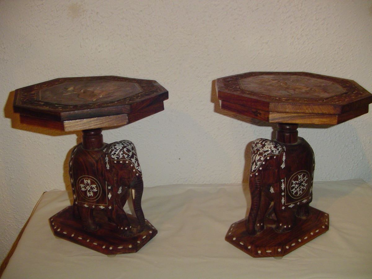 2 Inlaid Carved Elephant Tables