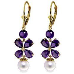 Genuine 6.28 ctw Amethyst & Pearl Earrings Jewelry 14KT Yellow Gold - REF-49A8K