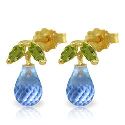 Genuine 3.4 ctw Blue Topaz & Peridot Earrings Jewelry 14KT Yellow Gold - REF-19M3T