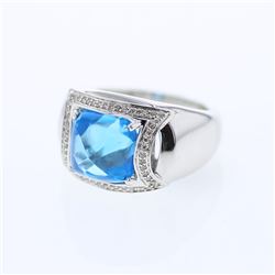 Cushion Blue Topaz Ring w/ Diamonds in 14K White Gold - REF-87M9F