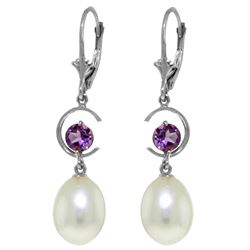 Genuine 9 ctw Pearl & Amethyst Earrings Jewelry 14KT White Gold - REF-36K3V