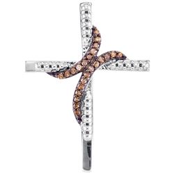 0.12 CTW Cognac-brown Colored Diamond Cross Beaded Pendant 10K White Gold
