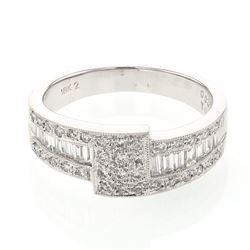 Baguette & Round Diamond Band w/ Channel & Prong-set in 18K White Gold - REF-113F7M