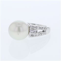 South Sea Pearl w/ Channel-set Baguette Diamond Ring in 14K White Gold - REF-129R3K