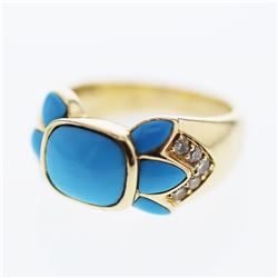 Cushion Turquoise w/ Diamond accent Ring in 14K Yellow Gold - REF-55Y3X