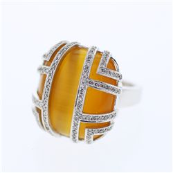 Cushion Cat's Eye w/ Prong-set Diamond Ring in 14K White Gold - REF-152A7N