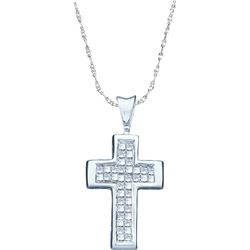 0.25 CTW Princess Natural Diamond Christian Roman Cross Pendant 14K White Gold