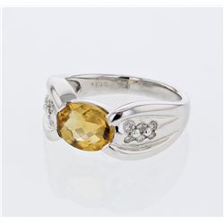 Oval Citrine Antique Diamond Cocktail Ring in 14K White Gold - REF-46H2W