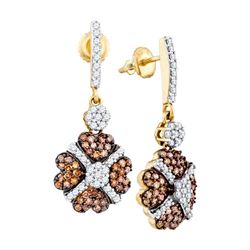 1.05 CTW Cognac-brown Colored Diamond Cluster Dangle Screwback Earrings 10K Yellow Gold
