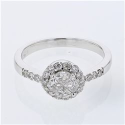Round Prong-set Halo Diamond Ring in 18K White Gold - REF-158H6W