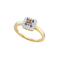 0.25 CTW Princess Cognac-brown Colored Diamond Square Cluster Halo Ring 10K Yellow Gold