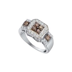 1 CTW Cognac-brown Colored Diamond Square-shape Cluster Fine Ring 14K White Gold