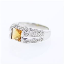 Princess Citrine Split-Shank Diamond Cocktail Ring in 18K White Gold - REF-98F6M
