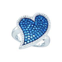 1.50 CTW Blue Colored Diamond Heart Love Cluster Ring 10K White Gold