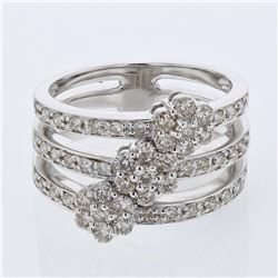 Round Prong-set Floral Tri-band Diamond Ring in 14K White Gold - REF-96F9M