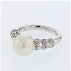 Pearl with Prong and Channel-Set Shank Diamond Ring in 14K White Gold - REF-94W3H