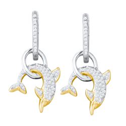 0.33 CTW Pave-set Natural Diamond Dolphin Nautical Dangle Earrings 10K Multi-Tone Gold