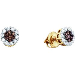 1.50 CTW Cognac-brown Colored Diamond Cluster Halo Screwback Earrings 14K Yellow Gold