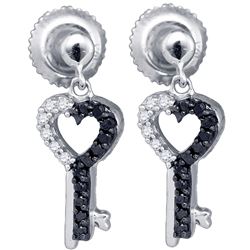 0.15 CTW Black Colored Diamond Small Dainty Key Screwback Stud Dangle Earrings 10K White Gold