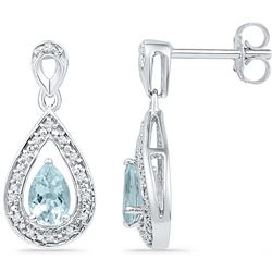 0.6 CTW Natural Diamond & Lab-Created Aquamarine Teardrop Dangle Screwback Earrings 10K White Gold