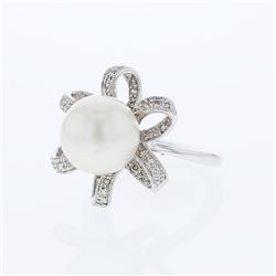 South Sea Pearl w/ Flower Diamonds Cocktail Ring in 18K White Gold - REF-99W3H