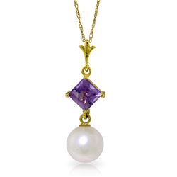 Genuine 2.5 ctw Pearl & Amethyst Necklace Jewelry 14KT Yellow Gold - REF-18Y2F
