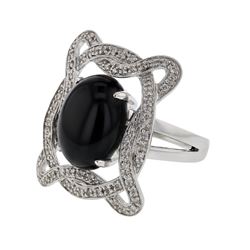 14K White Gold 5.97CTW Onyx&Diamond Cocktail Ring - REF-79R9K