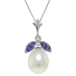 Genuine 4.5 ctw Pearl & Tanzanite Necklace Jewelry 14KT White Gold - REF-28Y2F