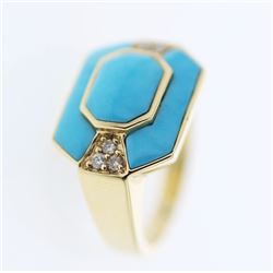 Turquoise Over-lay Ring w/ Diamonds in 14K Yellow Gold - REF-72X4Y