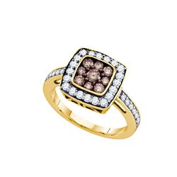 1 CTW Cognac-brown Colored Diamond Square Cluster Ring 10K Yellow Gold