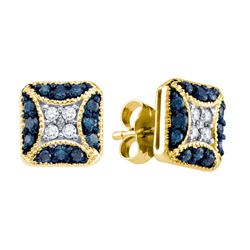 0.5 CTW Blue Colored Diamond Square Cluster Earrings 10K Yellow Gold