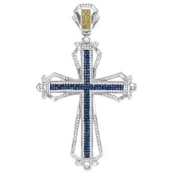 1.56 CTW Mens Blue & Yellow Colored Diamond Cross Charm Pendant 10K White Gold