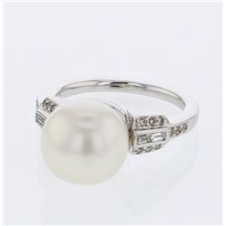 South Sea Pearl w/ Baguette & Round Diamond Ring in 14K White Gold - REF-78W9H
