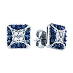 0.5 CTW Blue Colored Diamond Square Cluster Earrings 10K White Gold