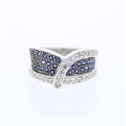 Pave-set Diamond Ring w/ Blue Sapphires in 14K White Gold - REF-81N5A