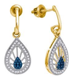 0.25 CTW Blue Colored Diamond Teardrop Screwback Earrings 10K Yellow Gold