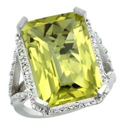 Natural 13.72 ctw Lemon-quartz & Diamond Engagement Ring 14K White Gold - REF-73X9A