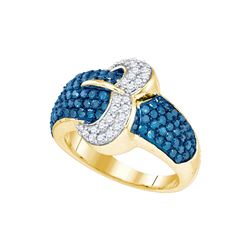 1.40 CTW Blue Colored Diamond Belt Buckle Cocktail Ring 10K Yellow Gold