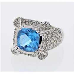 Pave-set w/ Cushion cut Topaz Diamond Ring in 14K White Gold - REF-205K5R