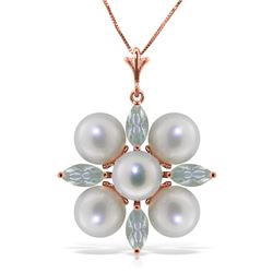 Genuine 6.3 ctw Aquamarine & Pearl Necklace Jewelry 14KT Rose Gold - REF-60P4H