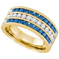 1 CTW Blue Colored Diamond Milgrain Striped Band 10K Yellow Gold