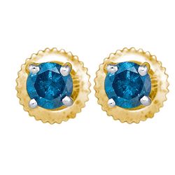 1 CTW Blue Colored Diamond Solitaire Stud Earrings 10K Yellow Gold