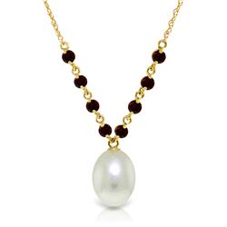 Genuine 5 ctw Pearl & Garnet Necklace Jewelry 14KT Yellow Gold - REF-25H4X