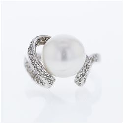 South Sea Pearl Antique Diamond Cocktail Ring in 18K White Gold - REF-104A9N