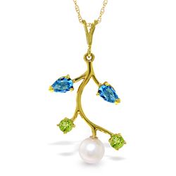 Genuine 2.7 ctw Blue Topaz, Peridot & Pearl Necklace Jewelry 14KT Yellow Gold - REF-29T7A