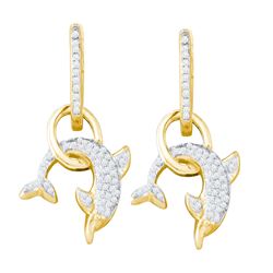 0.33 CTW Pave-set Natural Diamond Dolphin Nautical Dangle Earrings 10K Yellow Gold