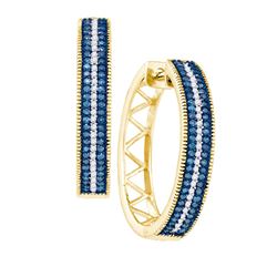 0.5 CTW Blue Colored Diamond Hoop Earrings 10K Yellow Gold