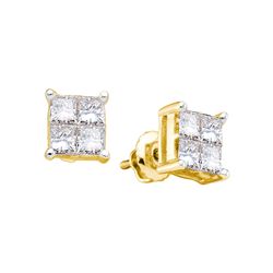 0.5 CTW Princess Natural Diamond Unisex Mens Screwback Stud Earrings 14K Yellow Gold
